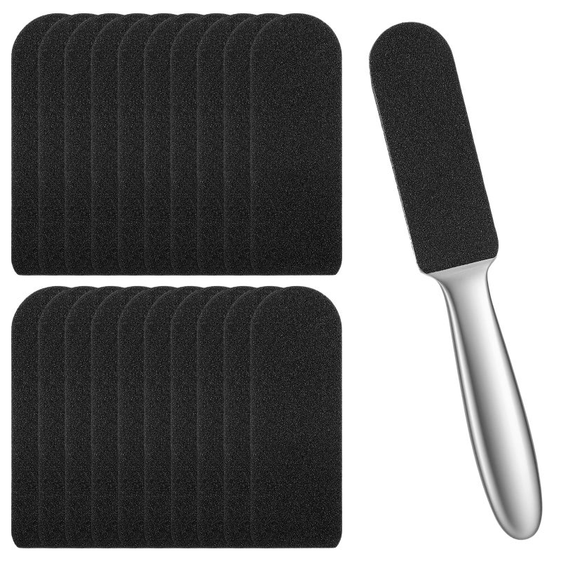 Foot File and Pads - Stainless Steel Professional Foot File with 20 Replacement Pads - Dual Grit Scrubber for Cracked Skin Corns Callus Remover